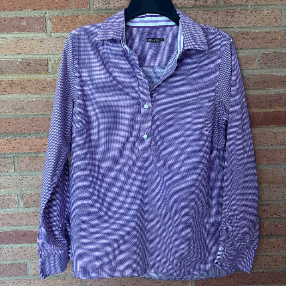 J. McLaughlin Top Small Purple White Gingham Check Popover Cotton Long Sleeve S